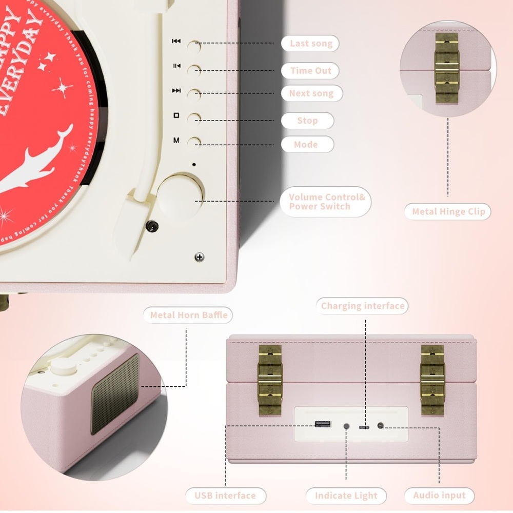 Pink is Time Music Box CD Player with Speakers; Bluetooth Transmitter - Picture 5 of 12